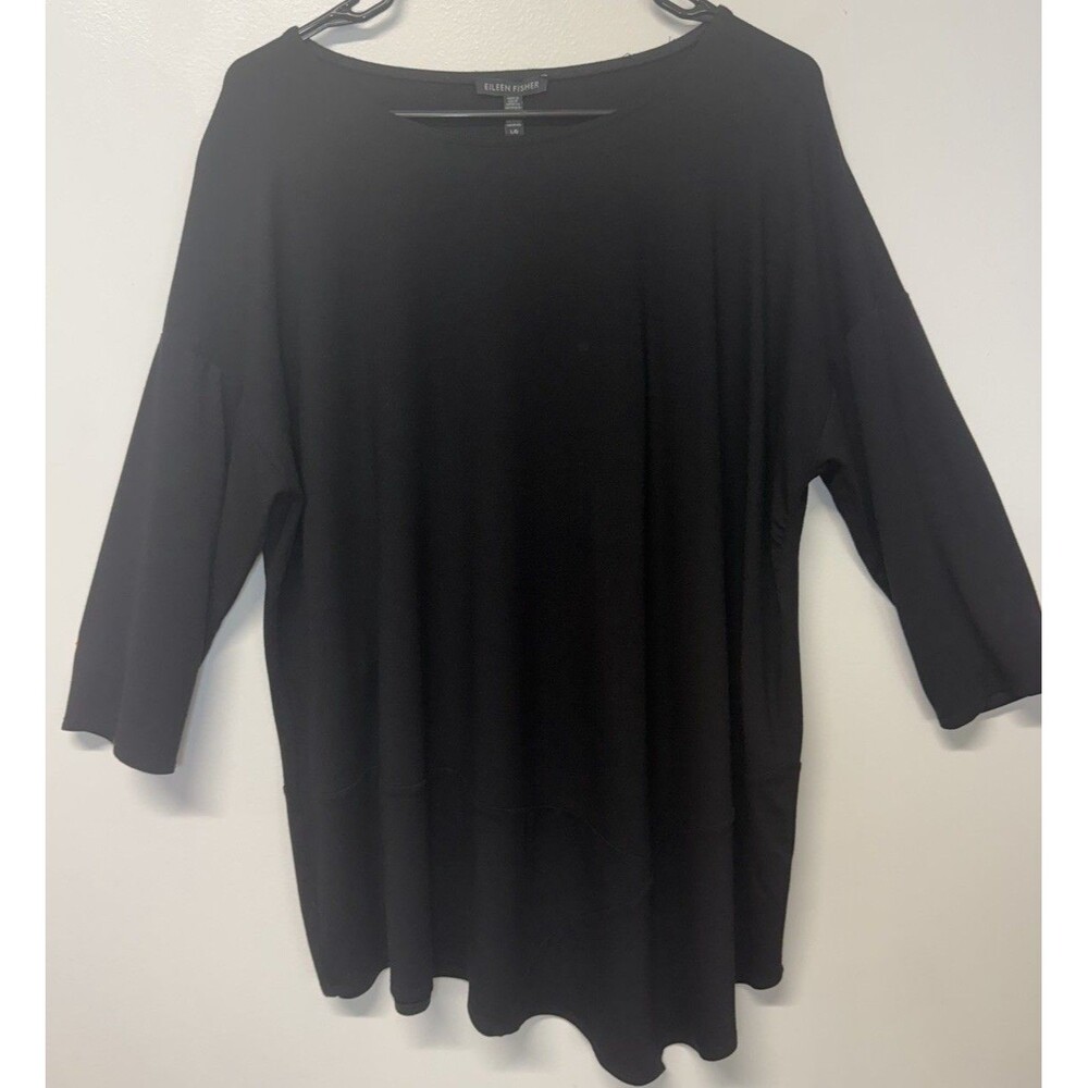 Eileen Fisher Womens Black 3/4 Sleeve Scoop Neck Viscose Tunic Top asymmetric L